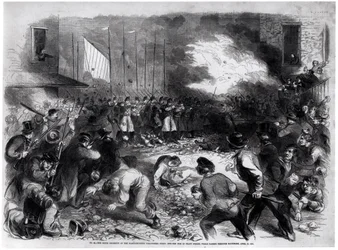 The Sixth Regiment of the Massachusetts Volunteers Firing into the Mob on Pratt Street, While Passing through Baltimore en Route for Washington, April 19th 1861, from 